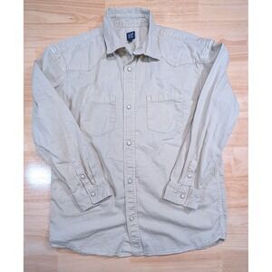 Gap Denim Western Pearl Snap Shirt Khaki Tan Cotton Boys XXL 14-16 Mens Small